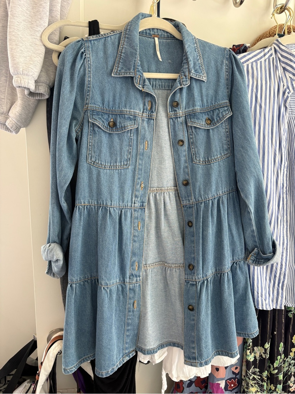 Free People Light Blue Denim Tiered Mini Dress Jacket